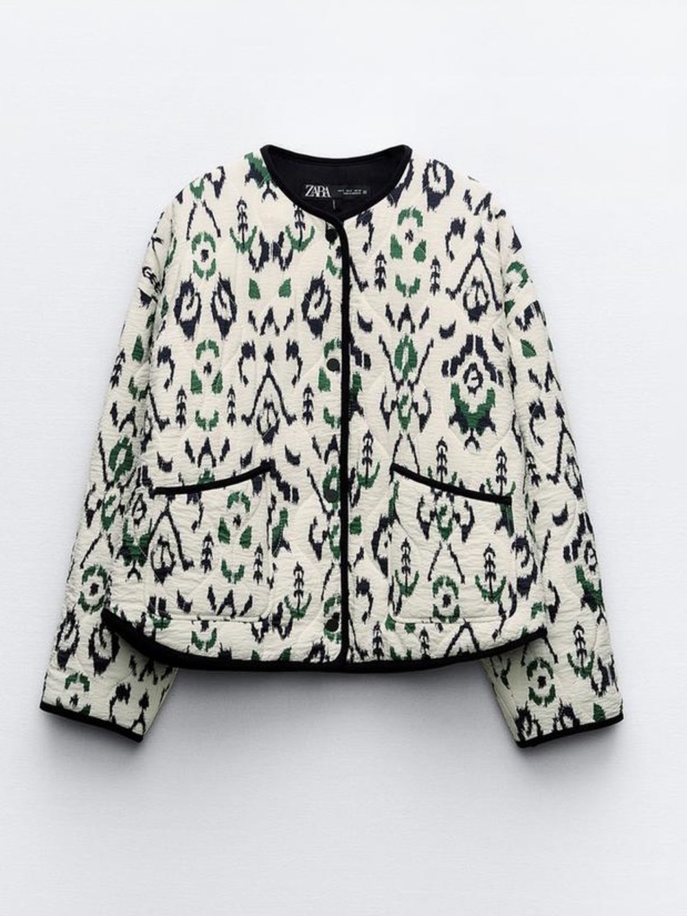 Zara Cream Black and Green Patterned Bouclé Jacket
